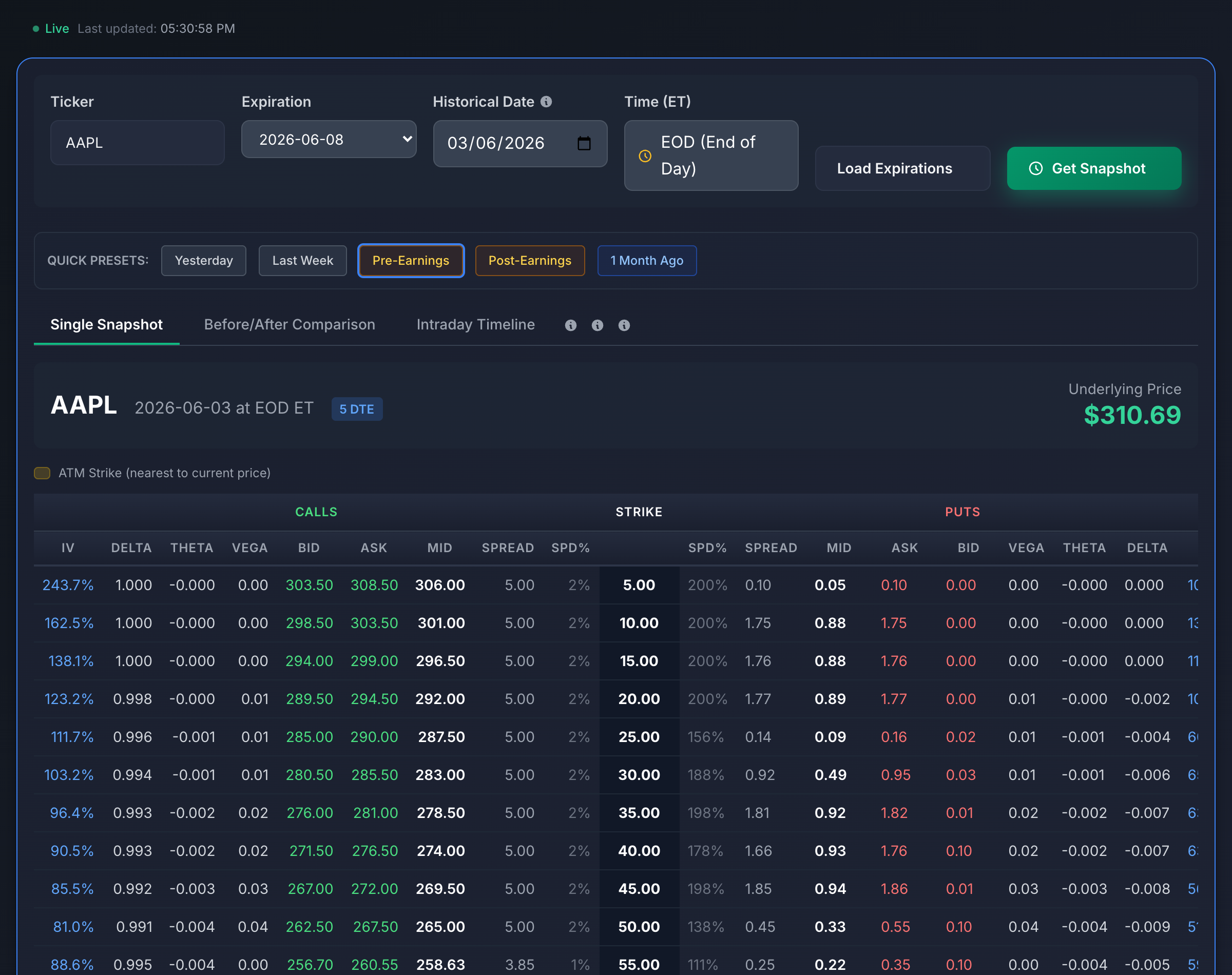 Historical options chain snapshot with date picker and quick presets
