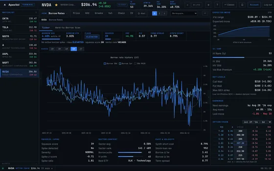 Borrow Rates module in the ApexVol Terminal